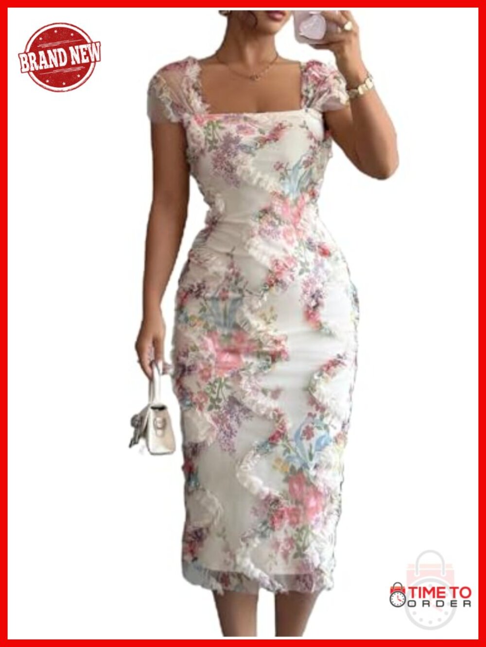 Women's Floral Ruffle Mesh Bodycon Midi Dress Square Neck Cap Sleeve